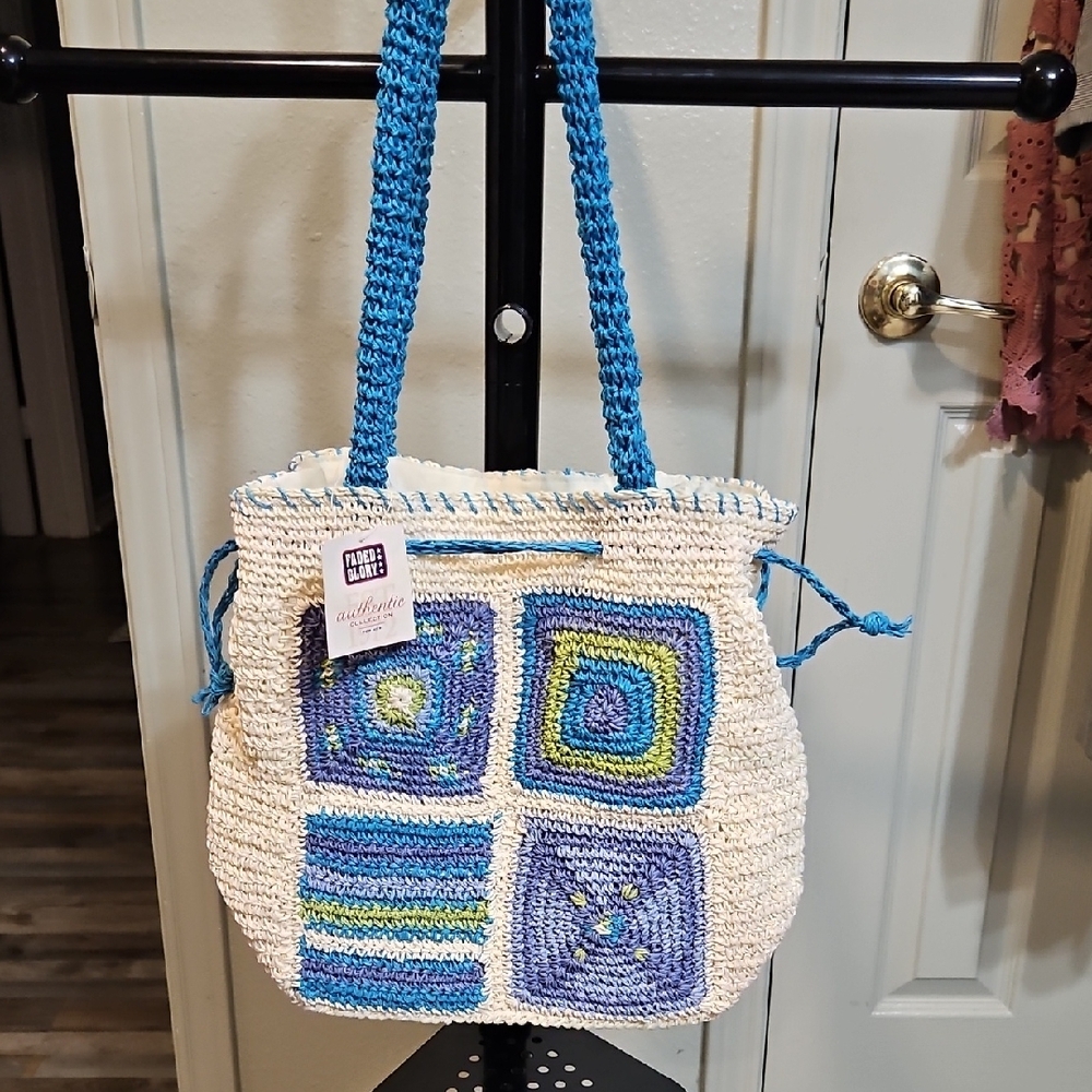 Blue and Cream Crochet Tote Bag With Drawstring
